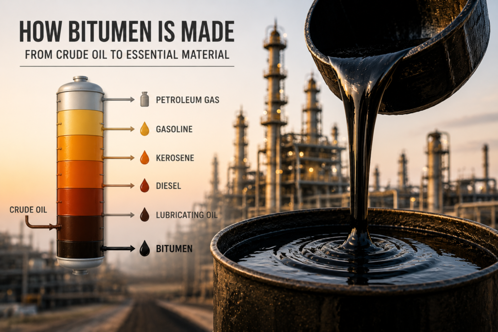 Bitumen production process from crude oil showing distillation stages with refinery and hot liquid bitumen pouring