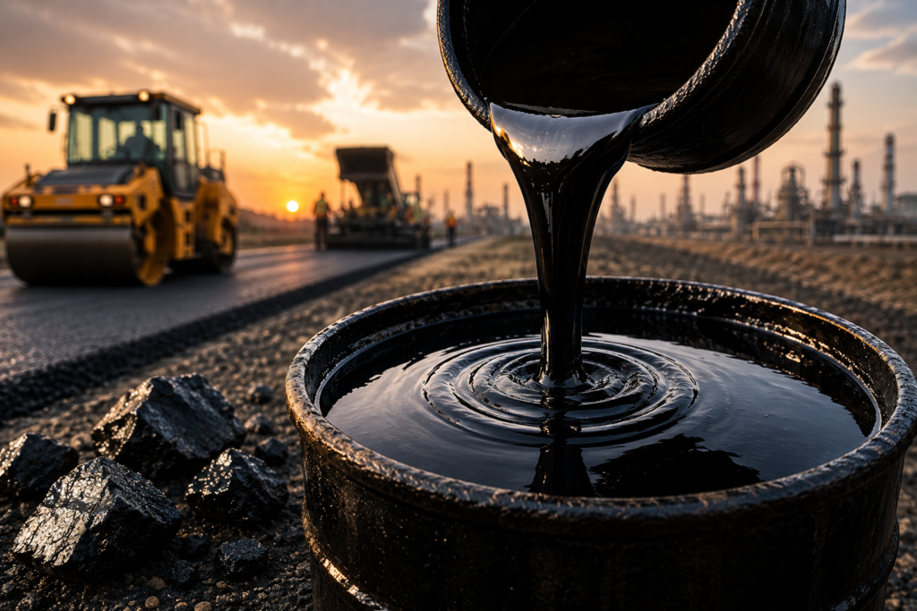 Hot liquid bitumen pouring into container during road construction with asphalt paving machine in background